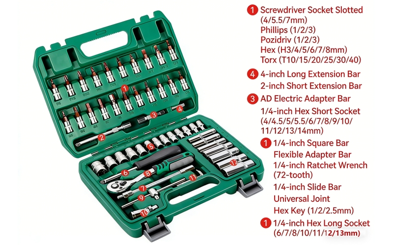 53PCs Set 72tooth Curved Handle